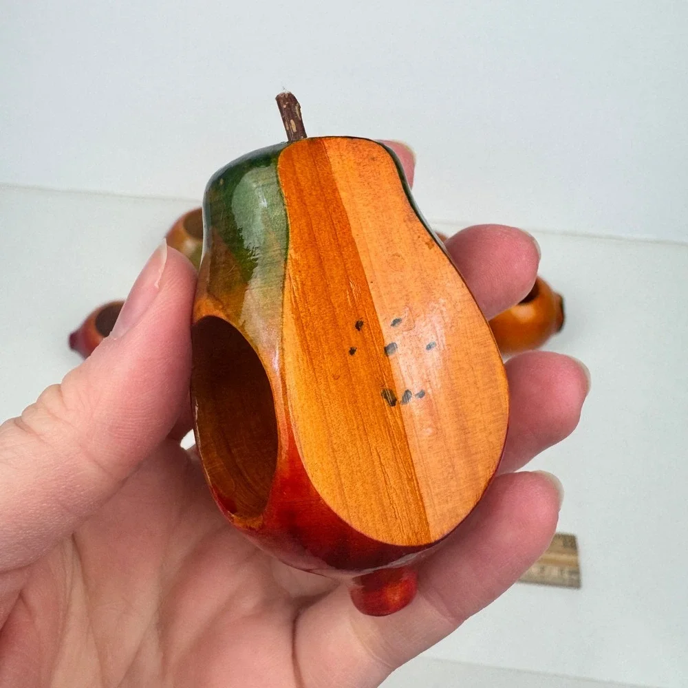 Vtg 8 Hand Painted Carved Wooden Lacquered Fruit Vegetable Napkin Rings Colorful